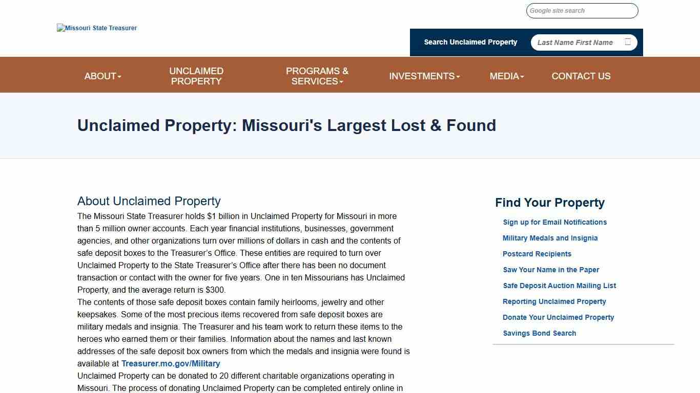 Missouri State Treasurer - About Unclaimed Property