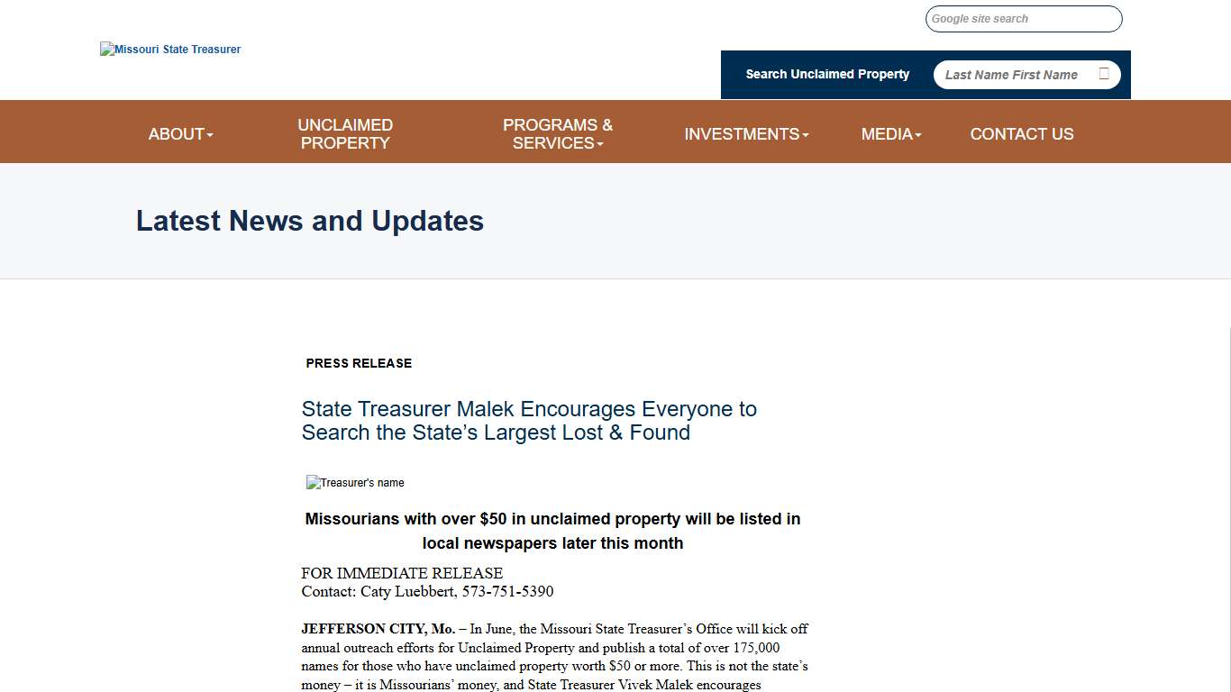 Missouri State Treasurer's Office - News and Events: Press Release
