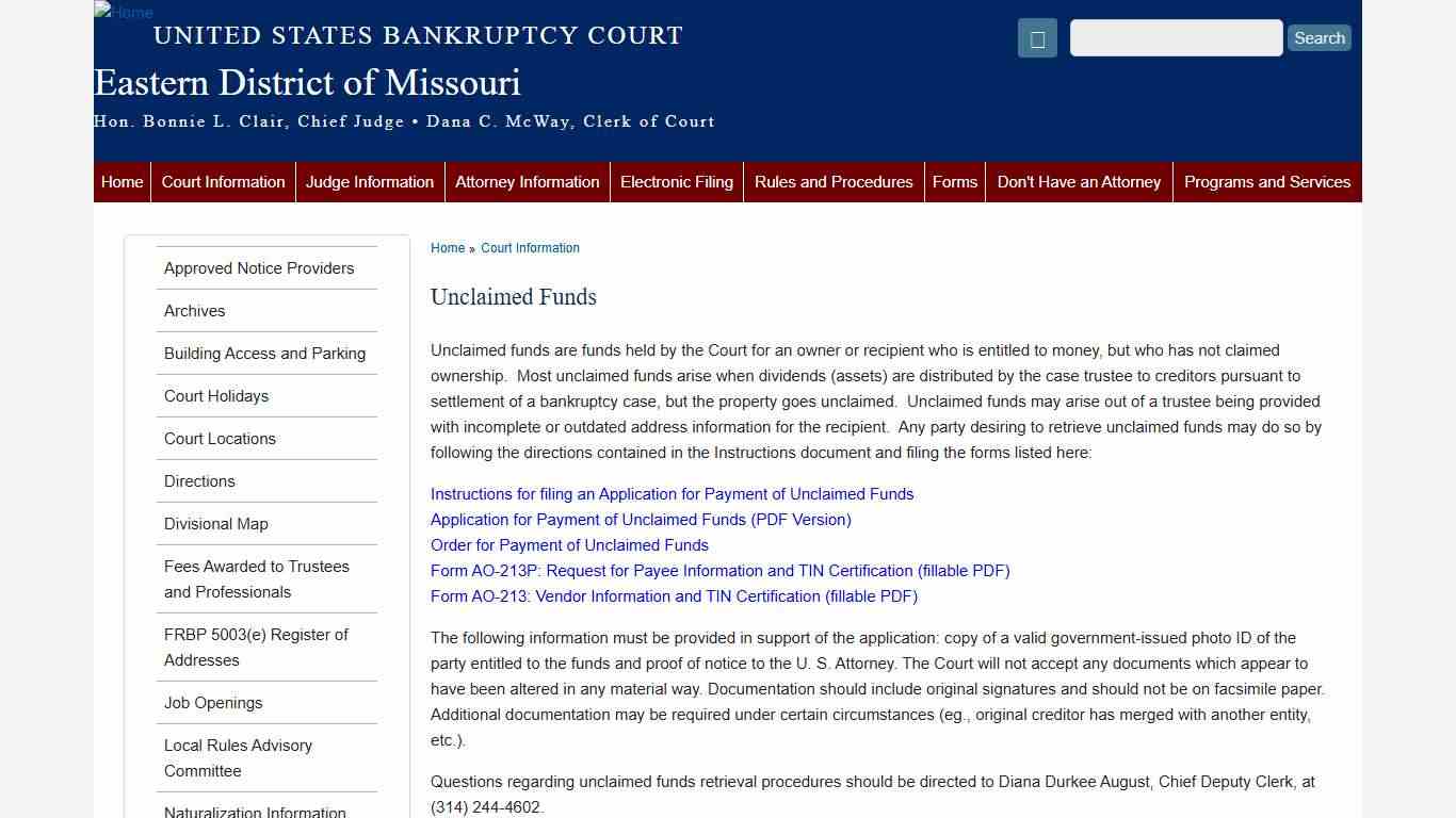 Unclaimed Funds | Eastern District of Missouri | United States Bankruptcy Court